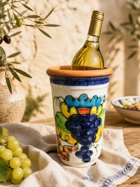 Himark Portugal Handpainted Terracotta Wine Chiller Grape Motif Signed